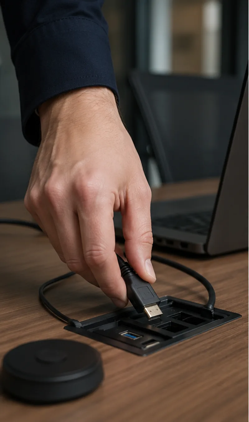 Mão conectando cabo HDMI em passagem de mesa antes da reunião