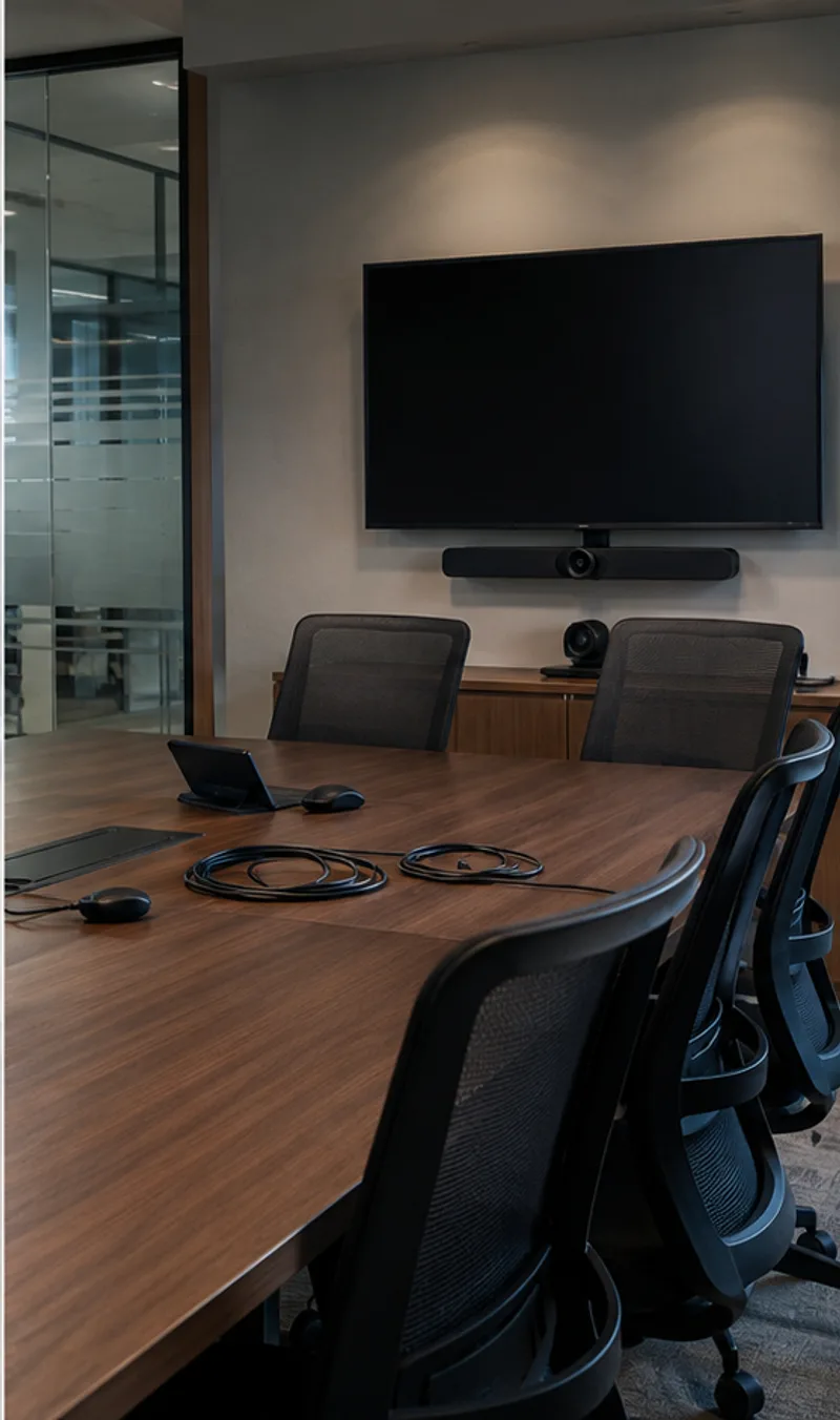 Sala de reunião vazia com cabos enrolados sobre a mesa