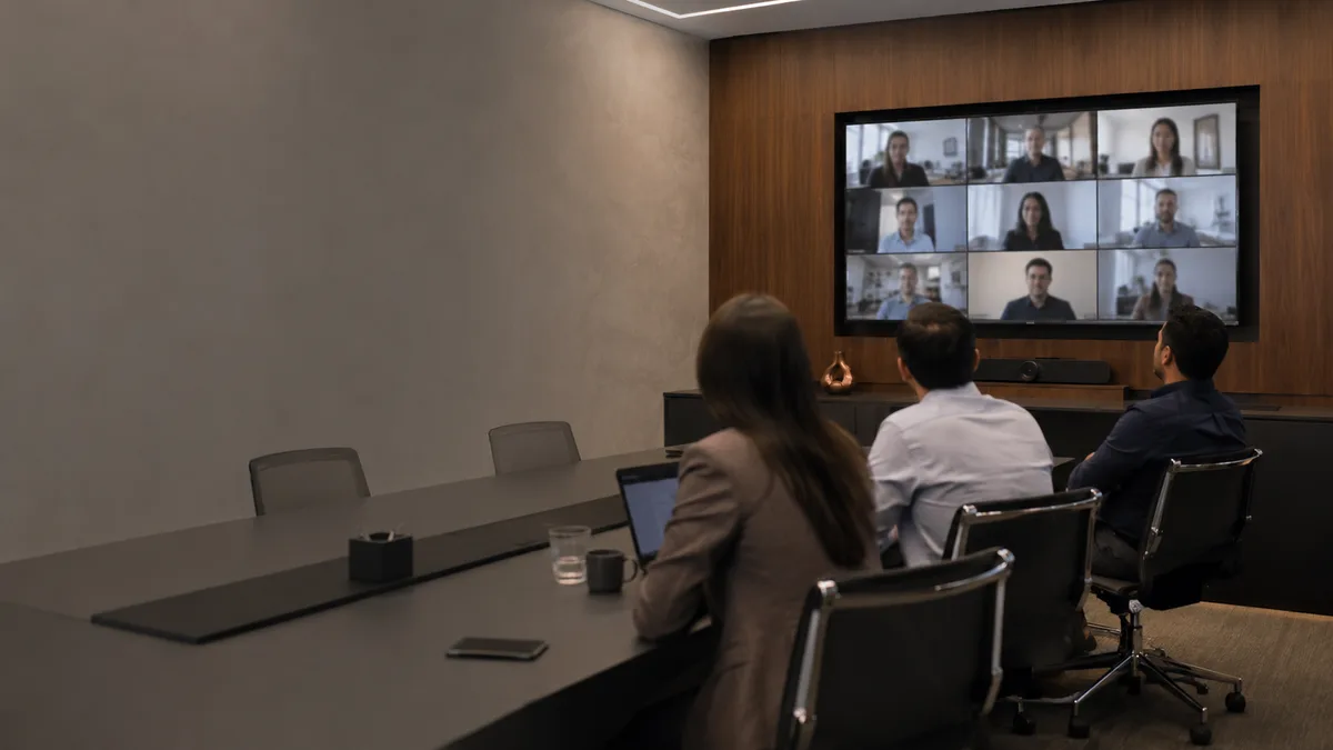 Equipe em sala de reunião corporativa acompanhando videoconferência em display grande
